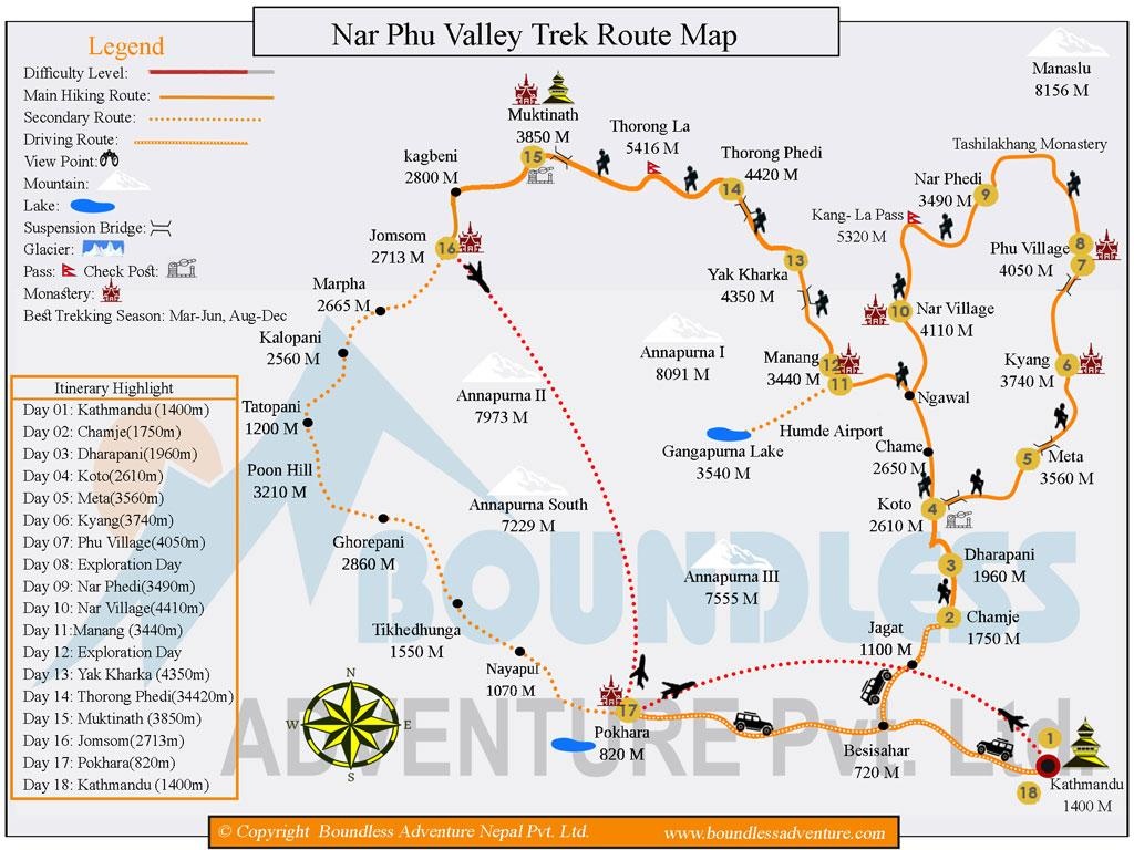 tourhub | Boundless Adventure P. Ltd. | Nar Phu Vally Trek | Tour Map