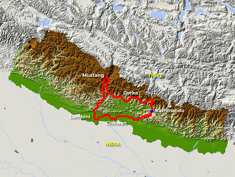 tourhub | Motor Trails | 14 Days in Nepal to Discover Nature of Himalaya on Motorcycle | Tour Map