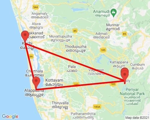 tourhub | Agora Voyages | Cochin to Thekkady & Alleppey | Tour Map