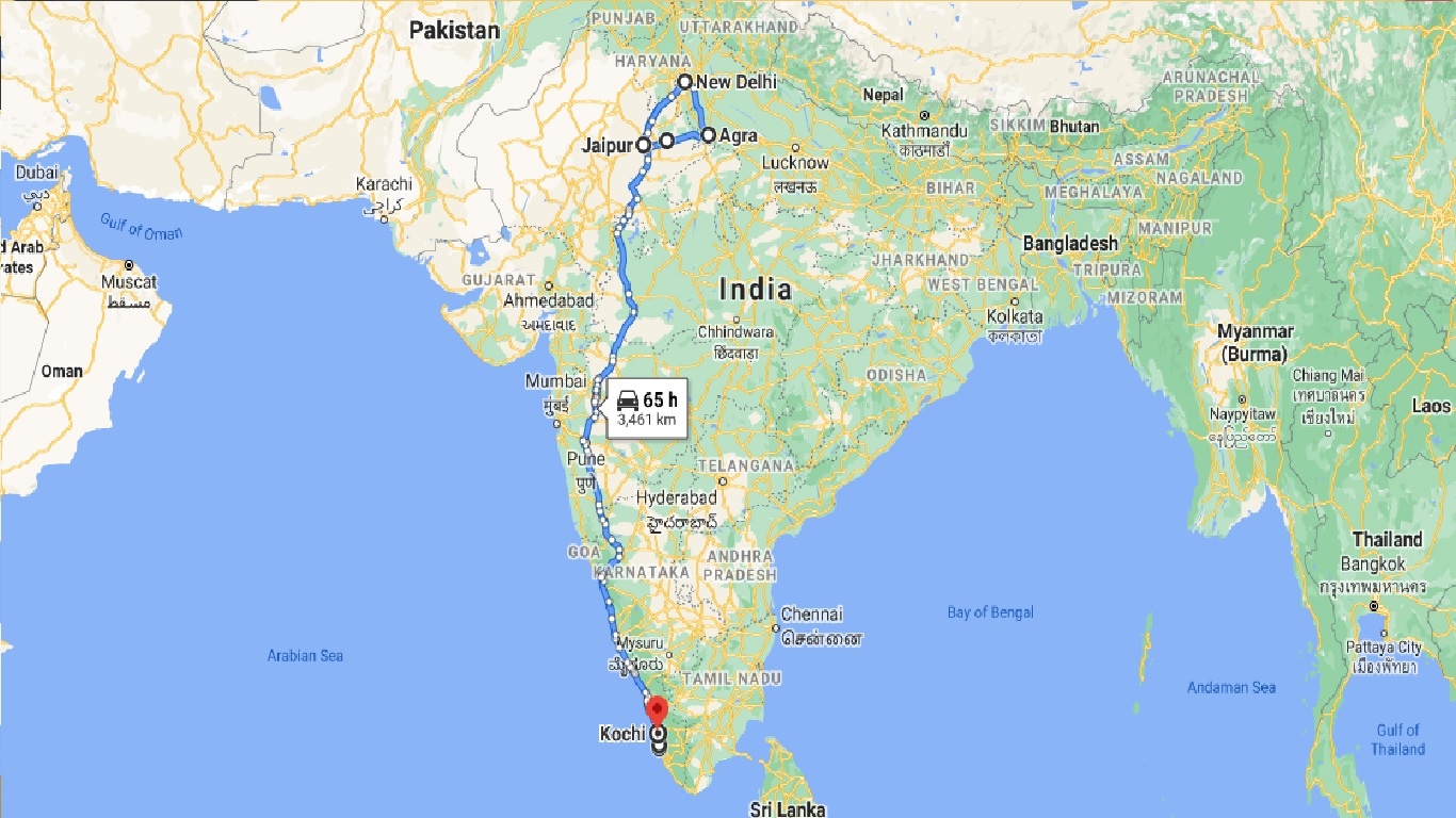 tourhub | Holidays At | Golden Triangle Tour with Kerala Backwaters | Tour Map