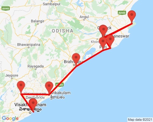 tourhub | Agora Voyages | Bhubaneswar to Vizag Temple, Beaches & Valley | AGORA316 | Route Map