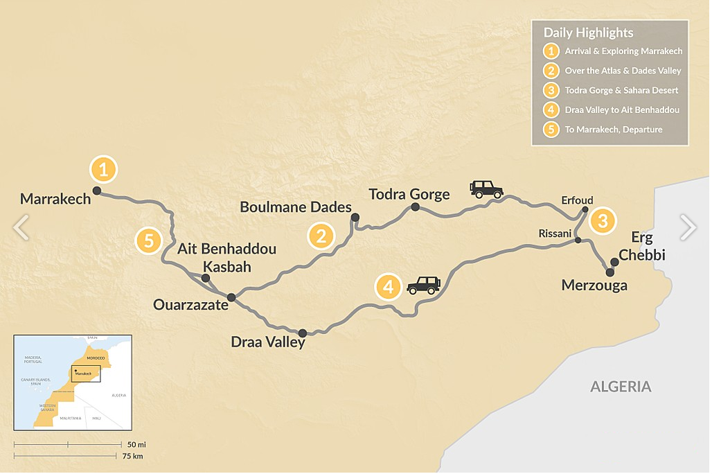 tourhub | Voyagiste Maroc | 3 Days Marrakech Desert Tour to Merzouga | Tour Map