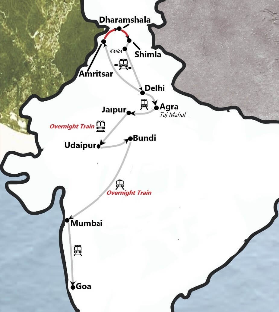 tourhub | Travel N Tours India | North India, Amritsar [Golden Temple], Shimla Toy Train Ride, Rajasthan & Goa Tour By Train. | Tour Map