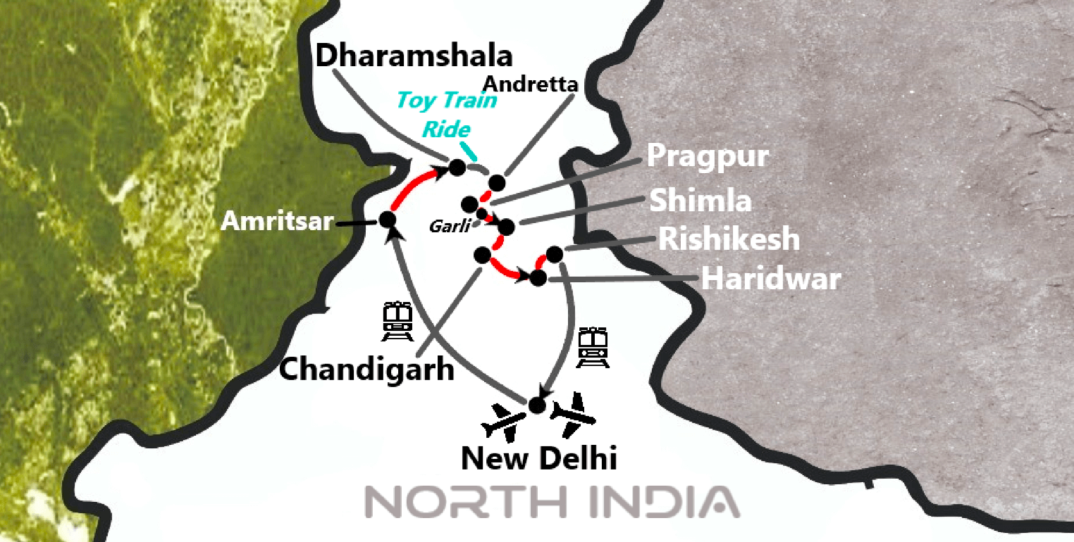 tourhub | TTI Tours | Walking Trip Of Amritsar Dharamshala Heritage Village Toy Train -Shimla Haridwar & Rishikesh 14 Days | Tour Map