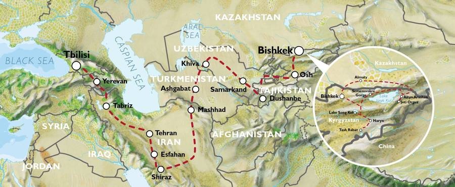 tourhub | Oasis Overland | Bishkek To Tbilisi (59 Days) Kyrgyzstan To Caucasus (Cabt59) | 485 | Route Map