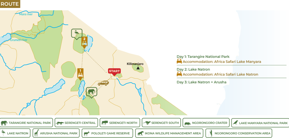 tourhub | Beach and Safari Holidays | From Arusha: 3 Days Safari Magical Lake Natron and Tarangire | Tour Map