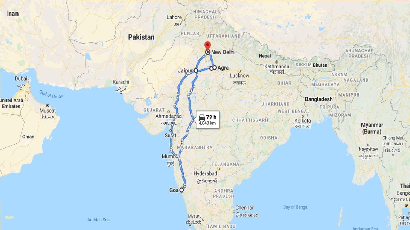 tourhub | GT India Tours | Golden Triangle with Goa | Tour Map