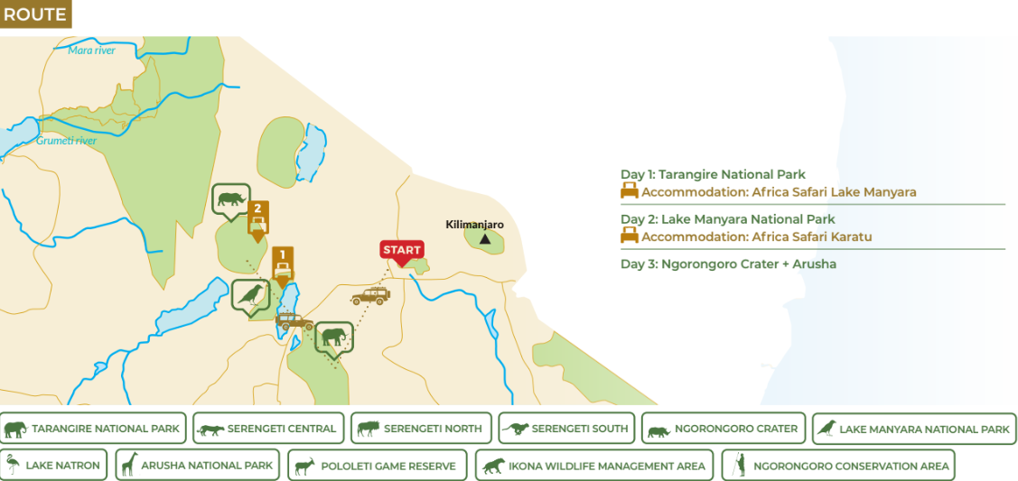 tourhub | Beach and Safari Holidays | The Ultimate Fly-In and Drive-Back Safari | Tour Map