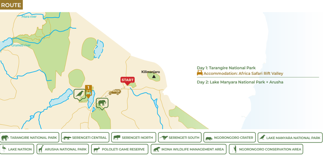 tourhub | Beach and Safari Holidays | Safari Through Tarangire and Lake Manyara | Tour Map