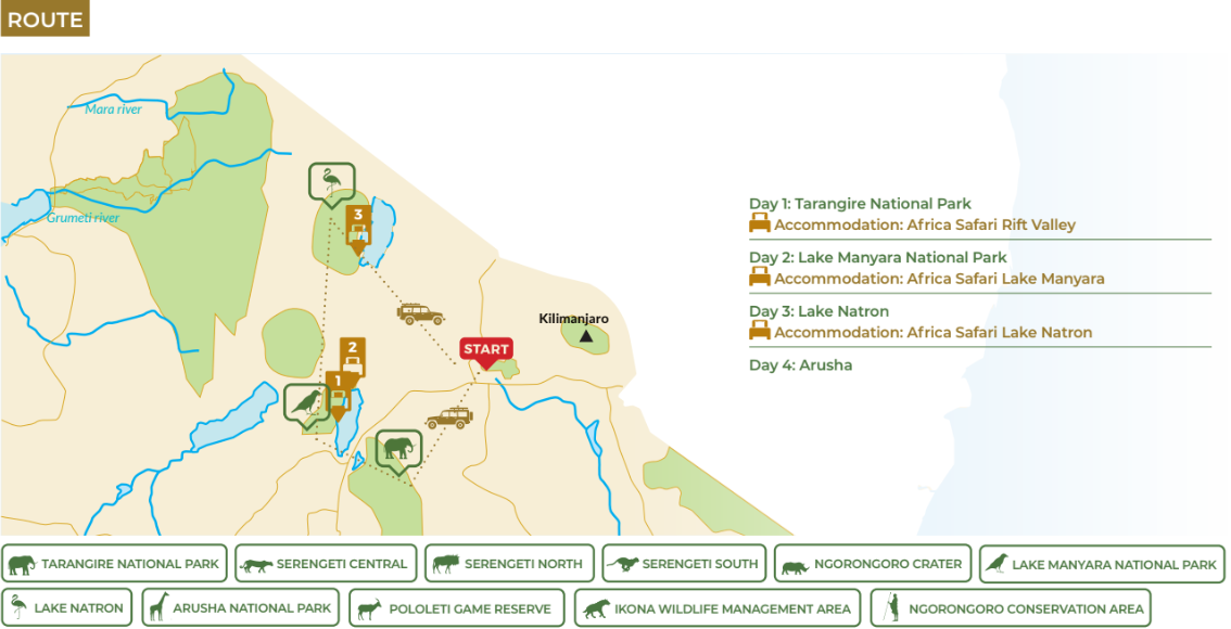 tourhub | Beach and Safari Holidays | Jewels of Northern Tanzania: Tarangire, Manyara, and Lake Natron | Tour Map