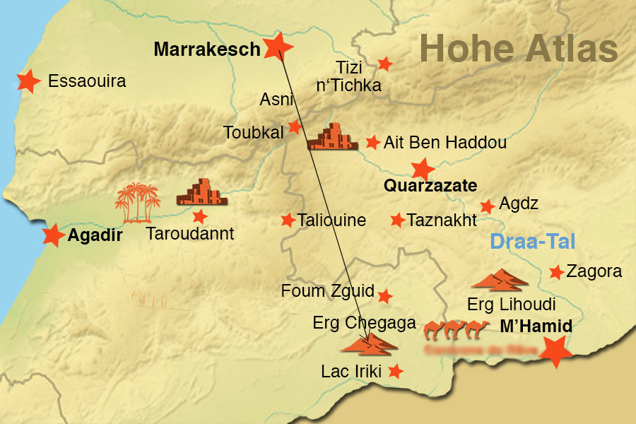 tourhub | Voyagiste Maroc | Luxury Helicopter Tour From Marrakech To Erg Chigaga Desert 2 Days | Tour Map