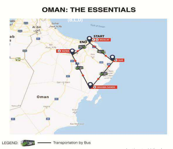 tourhub | Gray Line UAE & Oman | The Oman Essentials Tour with Fully Live Escorted Tour in 4* Hotels - Full Board Plan | Tour Map