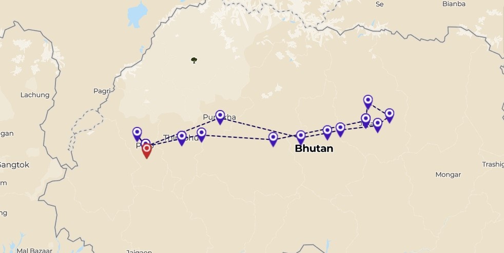 tourhub | Bhutan Acorn Tours & Travel | Bhutan Cultural Tour With 2-Day Trek in Bumthang Valley | Tour Map