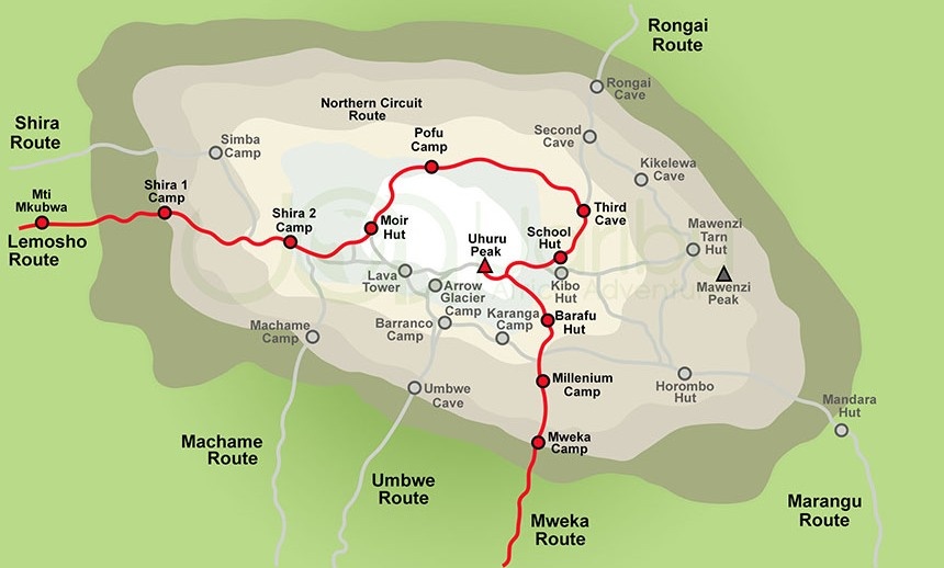 tourhub | Spider Tours And Safaris | 9 Days Kilimanjaro Climb Northern Circuit Route | Tour Map