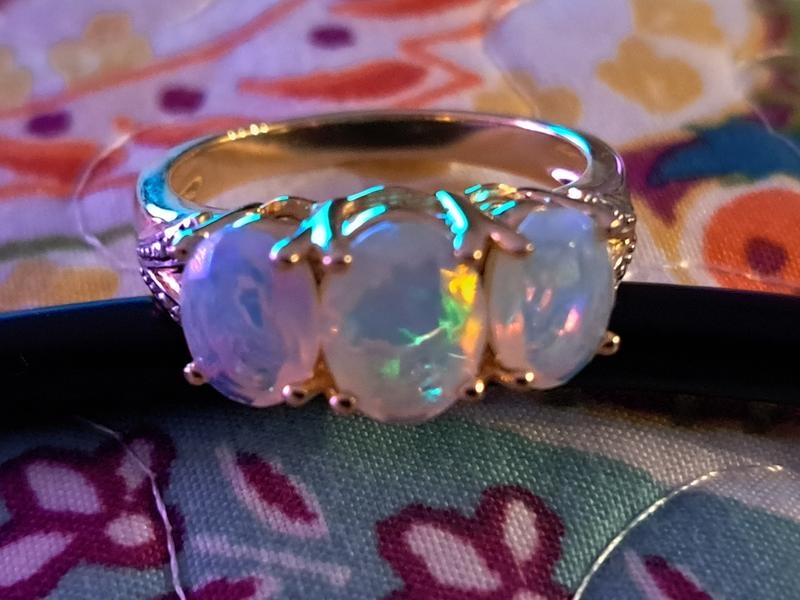 Multicolor Ethiopian opal 18k yellow gold over silver 3-stone ring 