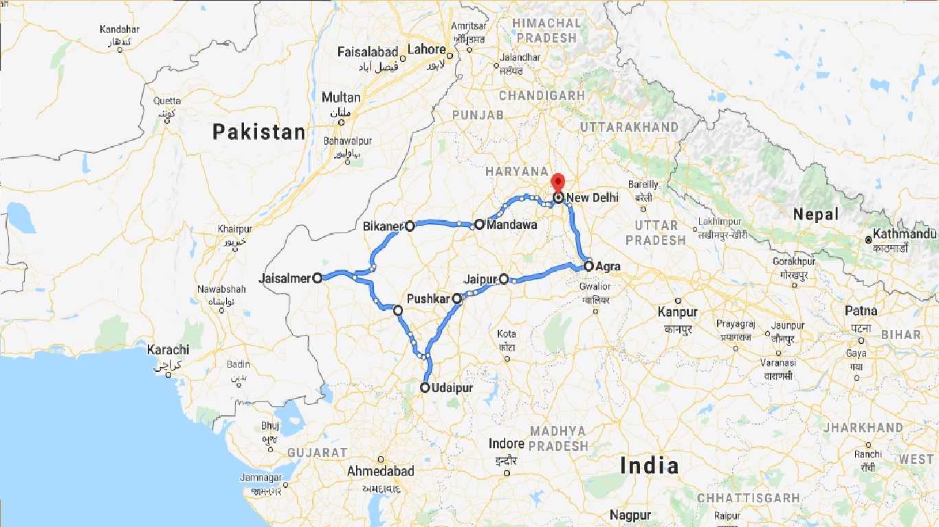 tourhub | UncleSam Holidays | Rajasthan Tour with Taj Mahal | Tour Map