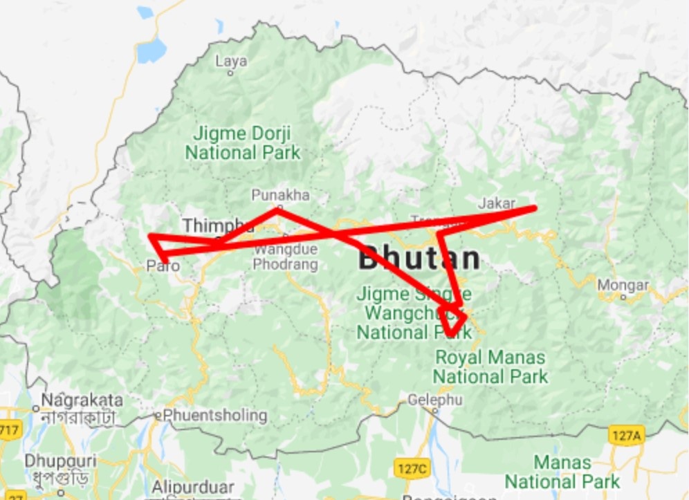 tourhub | Bhutan Acorn Tours & Travel | A Cultural Journey With Nature Trek in Central Bhutan | Tour Map