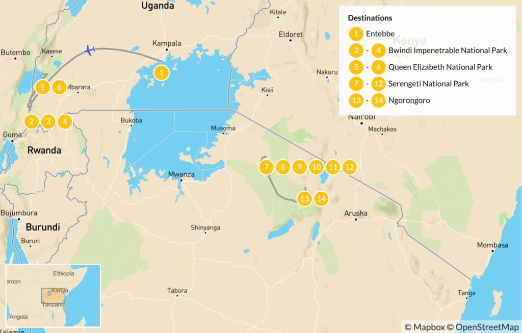 tourhub | Africa Safari Bookings Advisory Center | 15 Days Kenya Tanzania Uganda Guided Safari Adventure | Tour Map