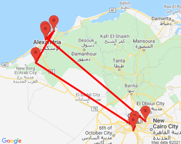 tourhub | Ancient Egypt Tours | 5 Days Top Tour Giza Pyramids, Old Cairo and Alexandria (3 destinations) | Tour Map