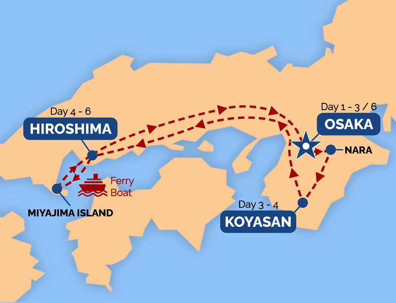 tourhub | One Life Adventures | Osaka & Hiroshima Snapshot 6 Day Tour | Tour Map