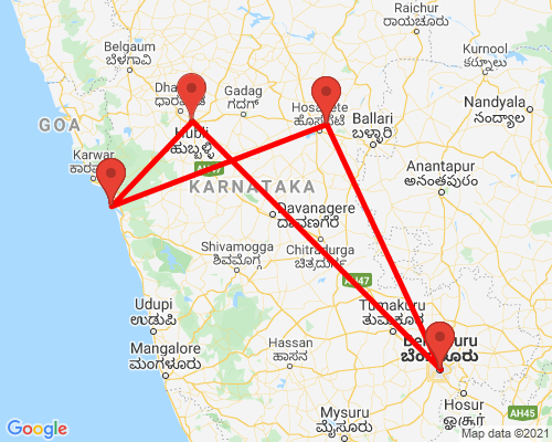 tourhub | Agora Voyages | Bangalore to Hampi & Gokarna Beach | Tour Map