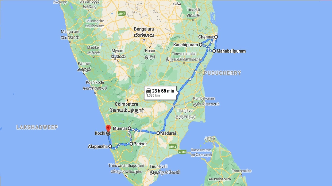 tourhub | UncleSam Holidays | Tamil Nadu with Kerala Tour | Tour Map