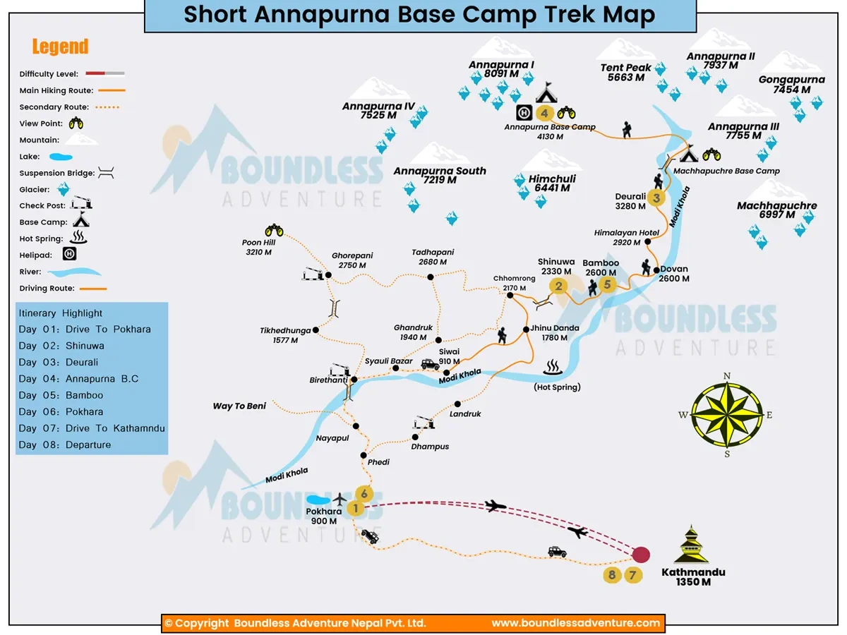 tourhub | Boundless Adventure P. Ltd. | Annapurna Base Camp Short Trek | Tour Map