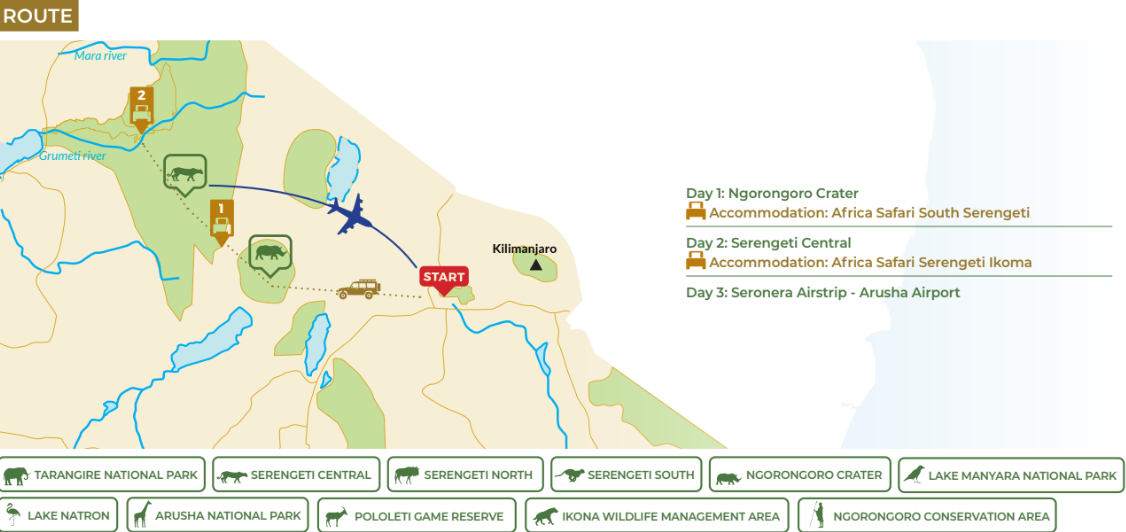 tourhub | Beach and Safari Holidays | A Journey Through The Ngorongoro Crater and Serengeti National Park | Tour Map