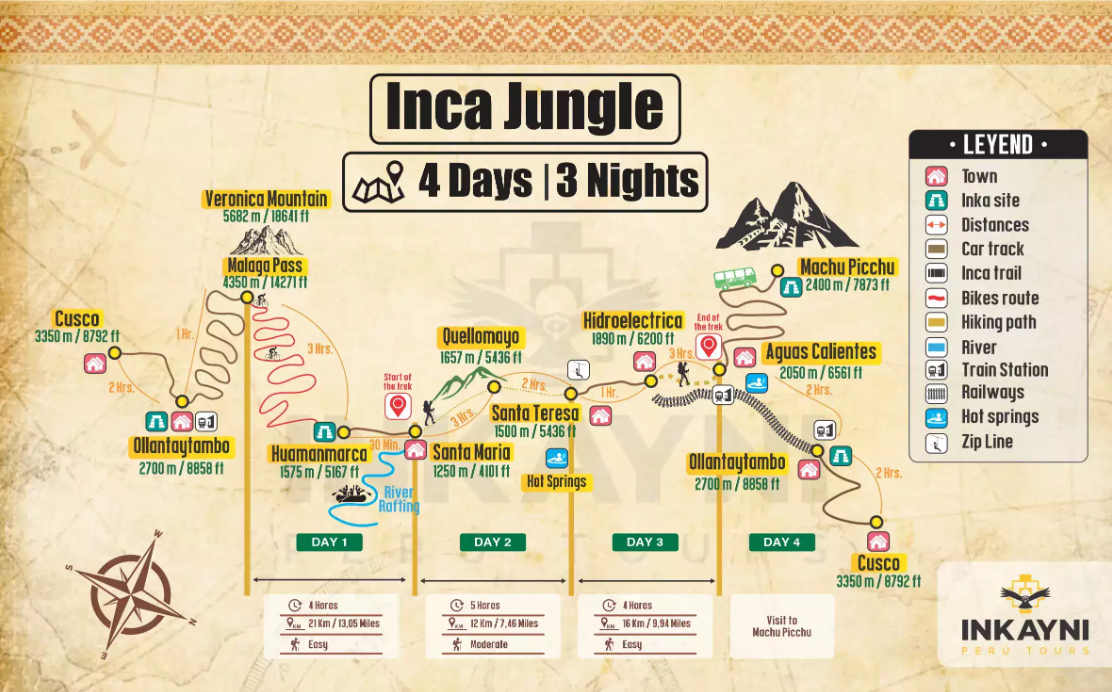 tourhub | Inkayni Peru Tours | 04 Day Inca Jungle Trail to Machu Picchu – Group Service | Tour Map
