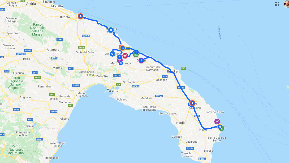 tourhub | Authentic Puglia Tours | Puglia Gastronomy & Wine Road Trip (summer) | Tour Map