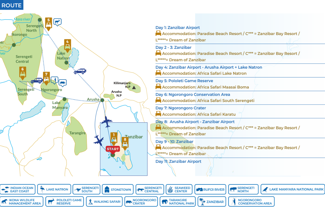 tourhub | Beach and Safari Holidays | A Perfect Blend of Zanzibar's Beaches and Tanzania's Wildlife | Tour Map