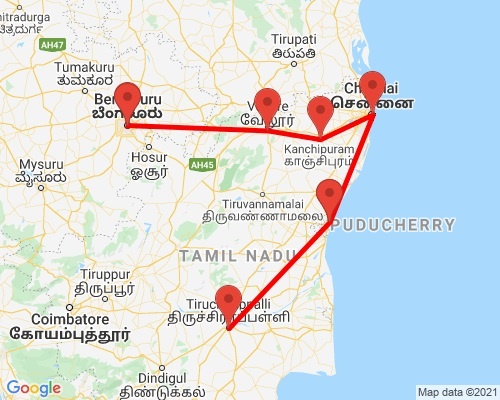 tourhub | Agora Voyages | Bangalore to Trichy South India Temple Tour | Tour Map