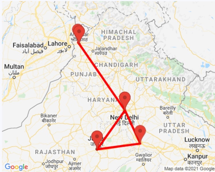 tourhub | GeTS Holidays | GOLDEN TRIANGLE WITH GOLDEN TEMPLE IN AMRITSAR | Tour Map