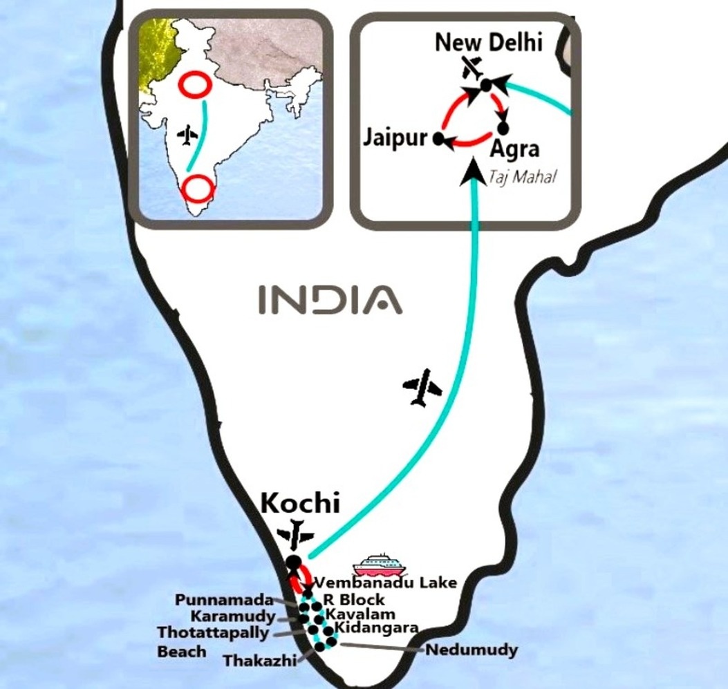 tourhub | TTI Tours | Deep Kerala Backwaters Cruise with Taj Mahal Trip 13 Days | Tour Map