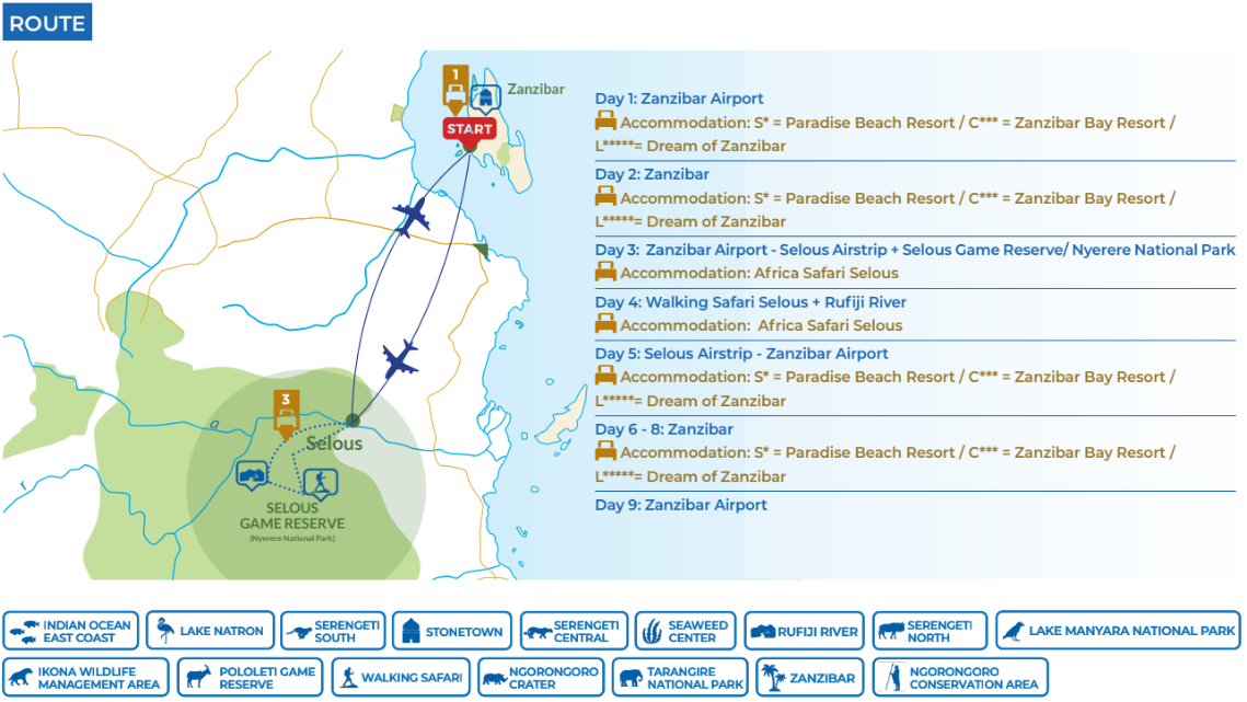 tourhub | Beach and Safari Holidays | 9 DAYS ZANZIBAR & SELOUS / NYERERE NP | Tour Map