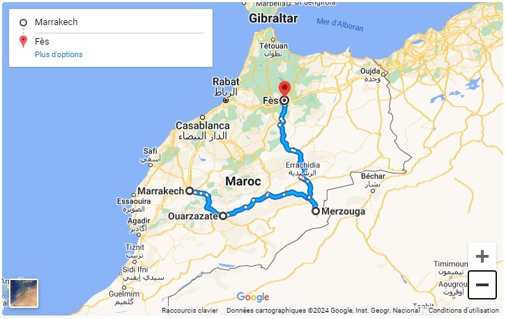 tourhub | Morocco Cultural Trips | 4-Day Tour from Marrakech to Fes via the Sahara Desert | Tour Map