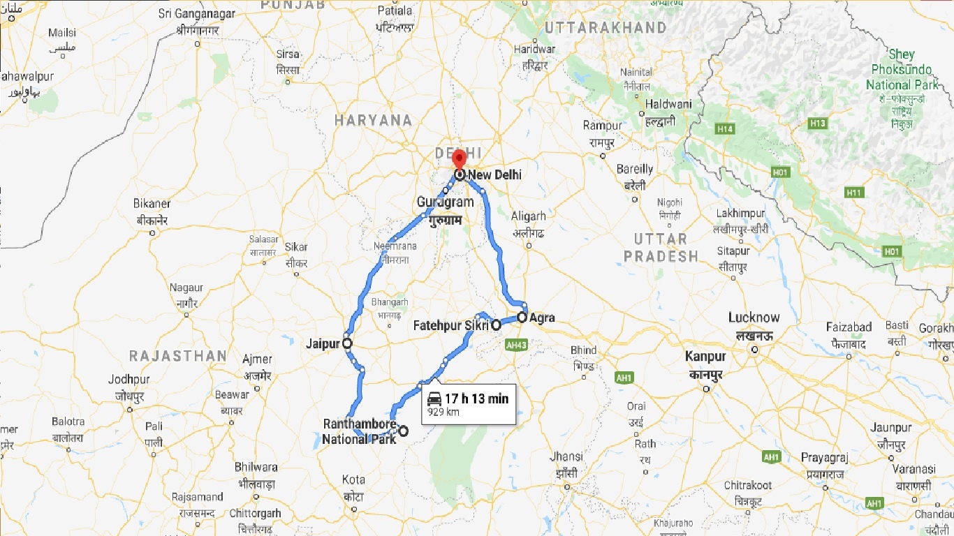tourhub | GT India Tours | Golden Triangle with Ranthambore Tour | Tour Map