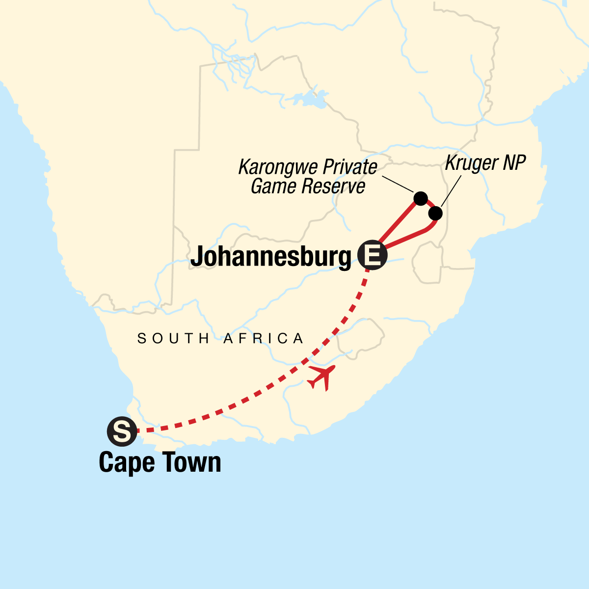 tourhub | Timeline Travel | South Africa Holiday Johannesburg, Kruger National Park & Cape Town | Tour Map