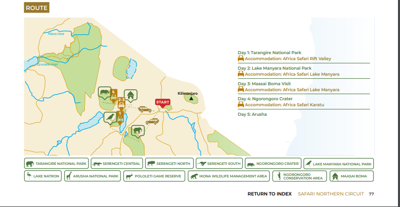 tourhub | Beach and Safari Holidays | From Arusha: 5-Day Tarangire, Lake Manyara & Ngorongoro Tour | Tour Map