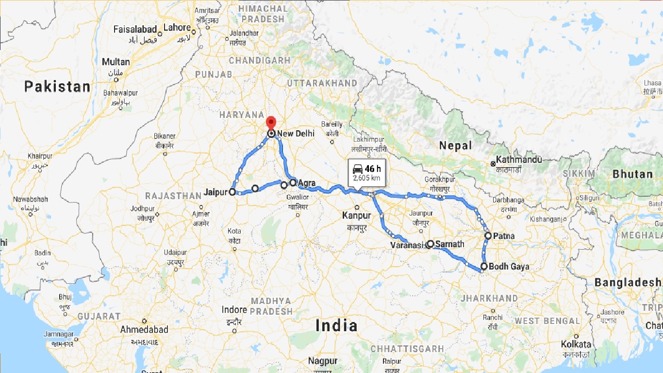 tourhub | Panda Experiences | Golden Triangle with Varanasi and Bodhgaya | Tour Map