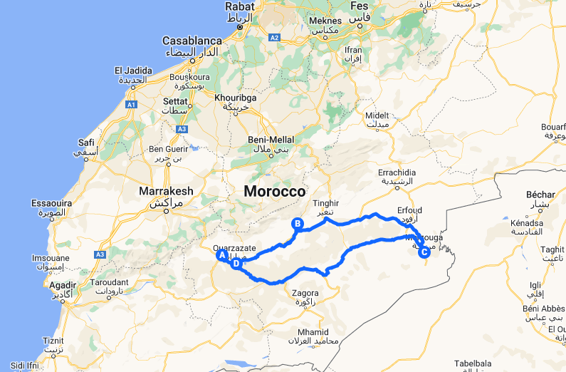 tourhub | Morocco Private Tours | Four days Sahara adventure from Ouarzazate. | Tour Map