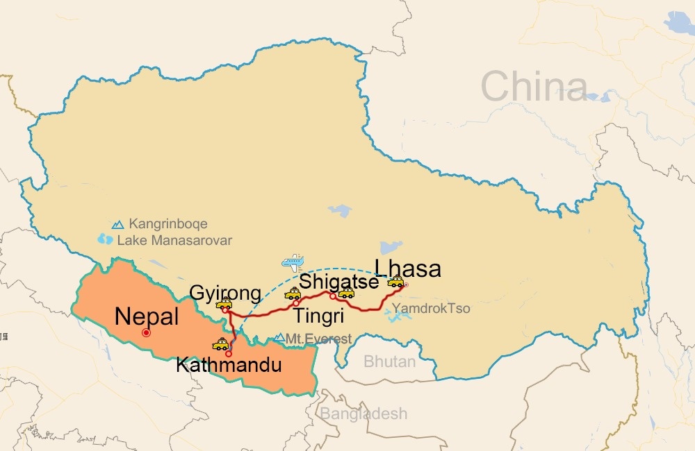 tourhub | Peregrine Treks and Tours | 14 Days Nepal and Tibet Tour | Tour Map