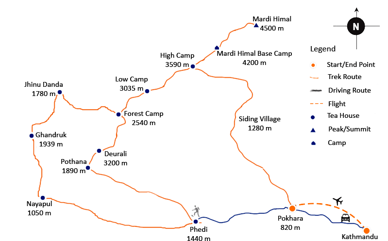tourhub | Nepal Tour and Trekking Service | MARDI HIMAL TREK – 8 DAYS | Tour Map