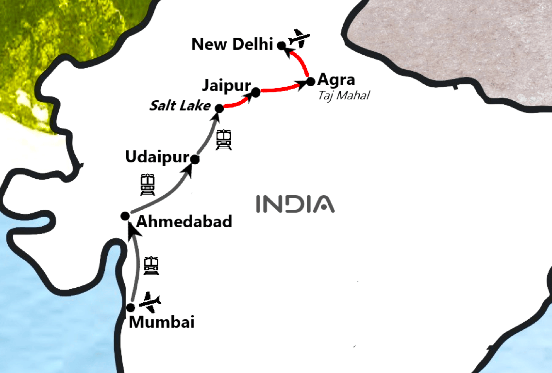 tourhub | TTI Tours | Mumbai Ahmedabad Udaipur Jaipur Agra New Delhi Food Tour 12 Days | Tour Map