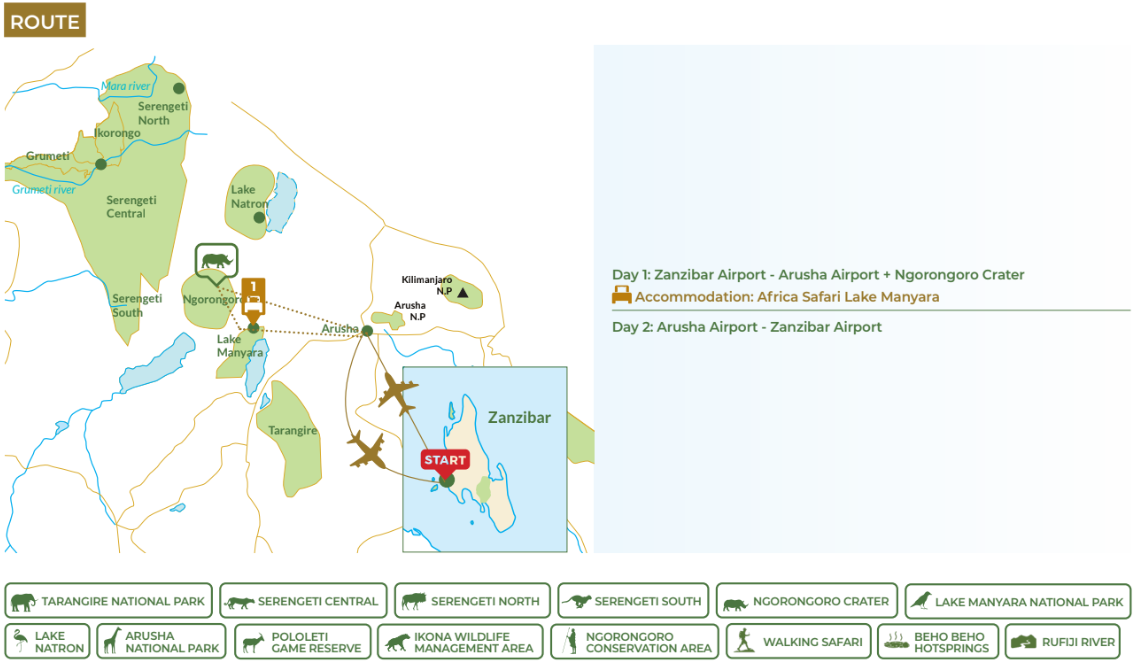 tourhub | Beach and Safari Holidays | From Zanzibar: Ngorongoro Crater | Tour Map