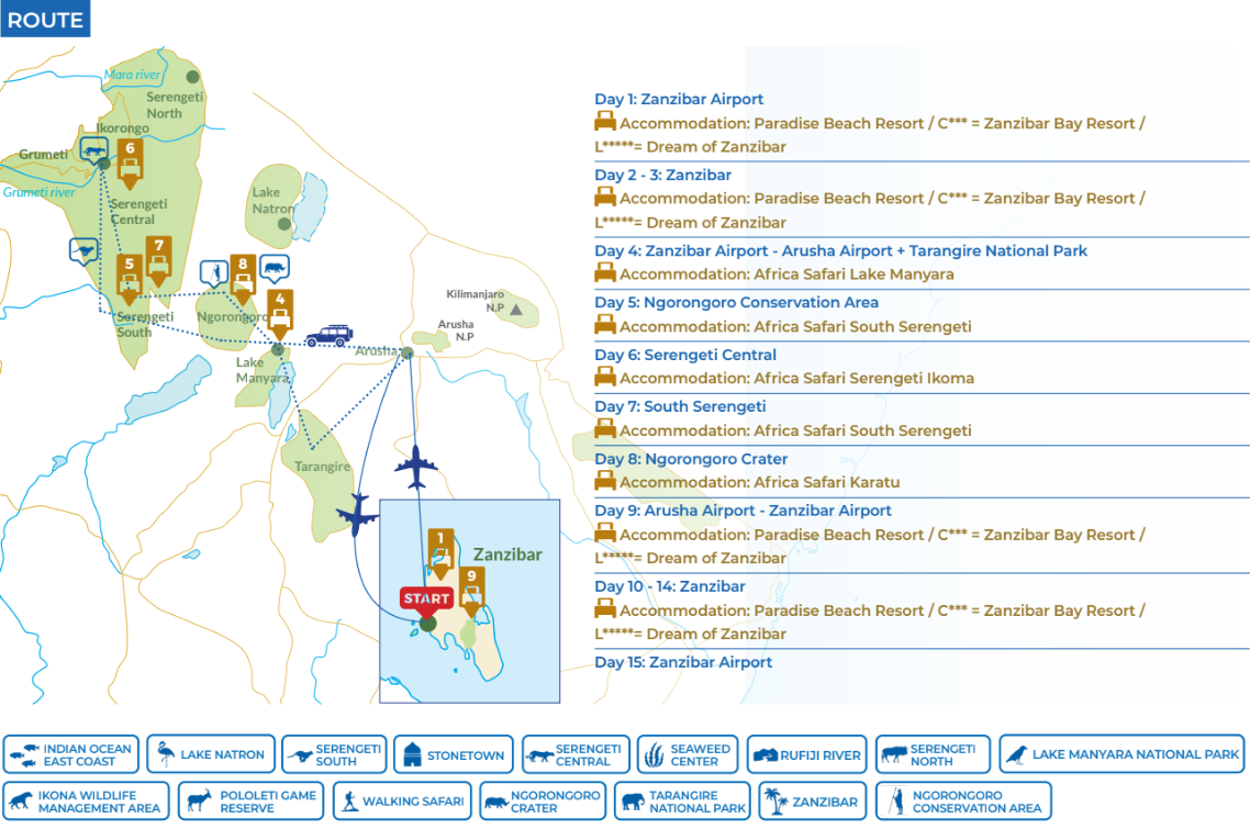 tourhub | Beach and Safari Holidays | Surprising Tanzania and Zanzibar | Tour Map