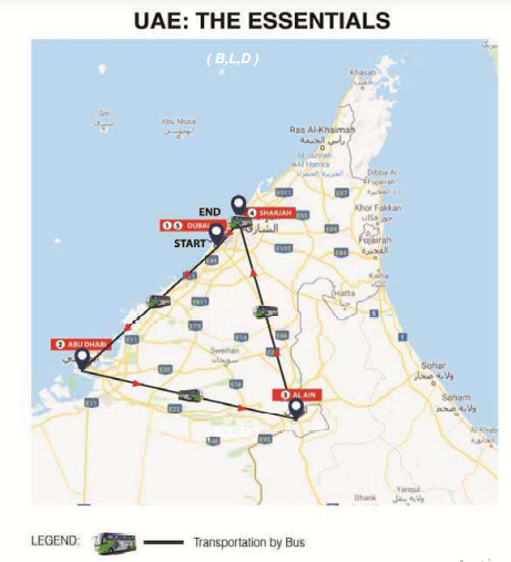 tourhub | Gray Line UAE & Oman | The UAE Essentials - Escorted Tour in 4 Stars Hotels – Full Board Plan | Tour Map