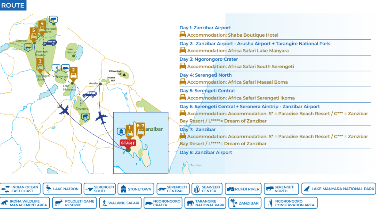 tourhub | Beach and Safari Holidays | Zanzibar & Serengeti | Tour Map