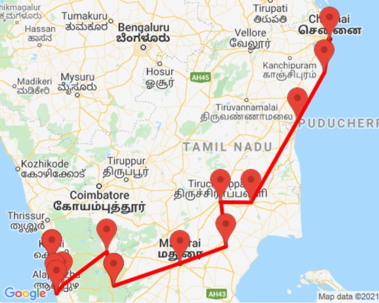 tourhub | GeTS Holidays | RELIGIOUS TAMIL NADU WIH ALLURING KERALA | Tour Map