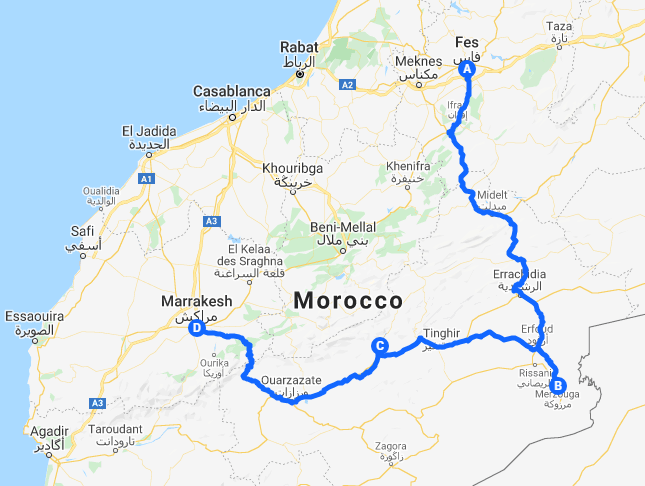 tourhub | Morocco Private Tours | 4 Days Tour From Fes  to Marrakech  Via Sahara Desert. | Tour Map